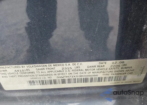 2009 Volkswagen Jetta 2.5L Se из США, поврежденный, VIN 3VWTM71K59M308086